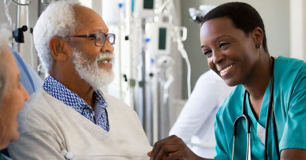 Senior man being discharged from hospital.